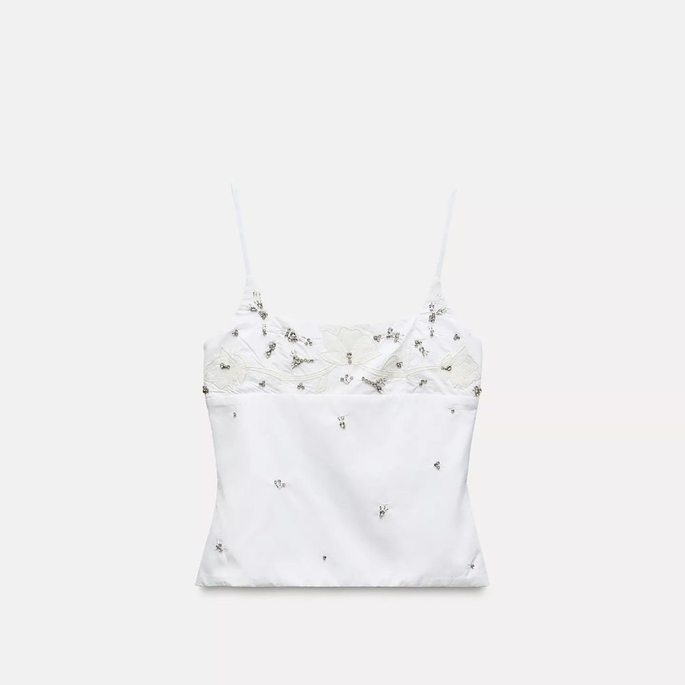 Zara White Embellished Fitted Camisole